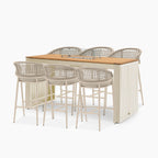 Kalama 6 Seat Rope Teak Firepit Bar Set in Latte