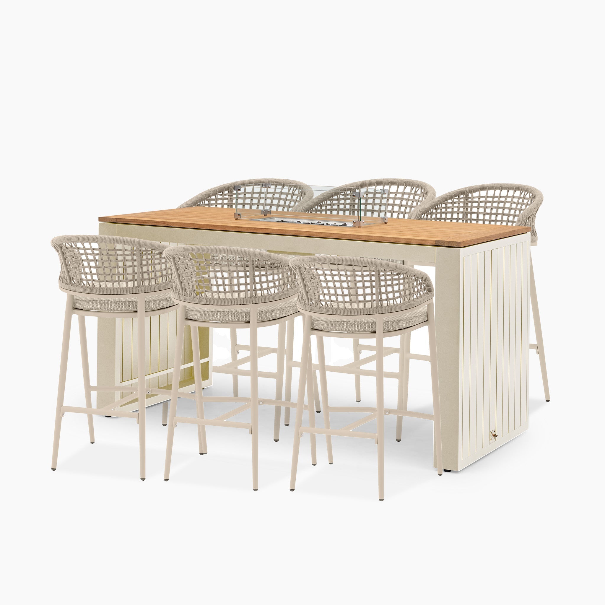 Kalama 6 Seat Rope Teak Firepit Bar Set in Latte