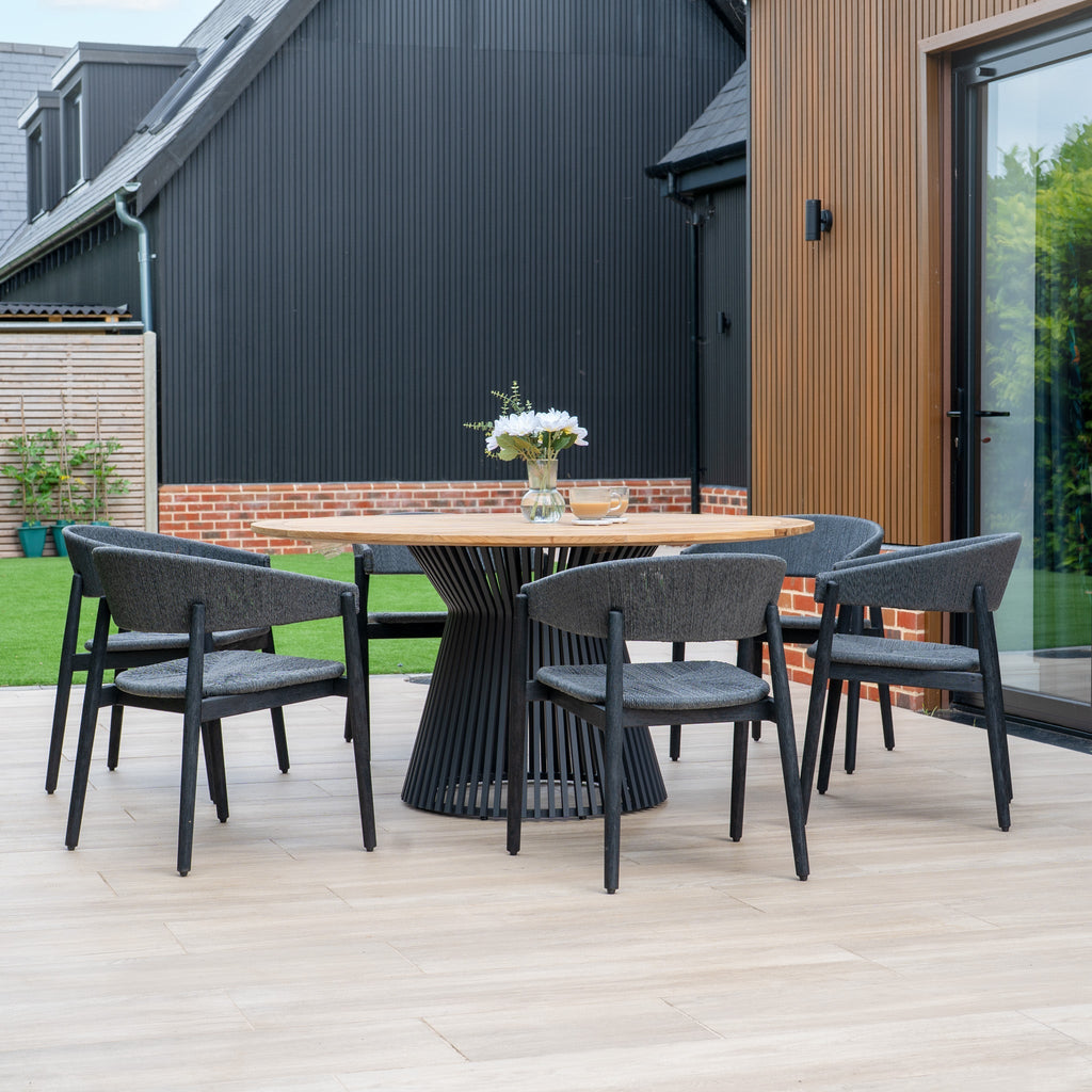 Lucca 6 Seat Dining Set with Teak Round Table in Black