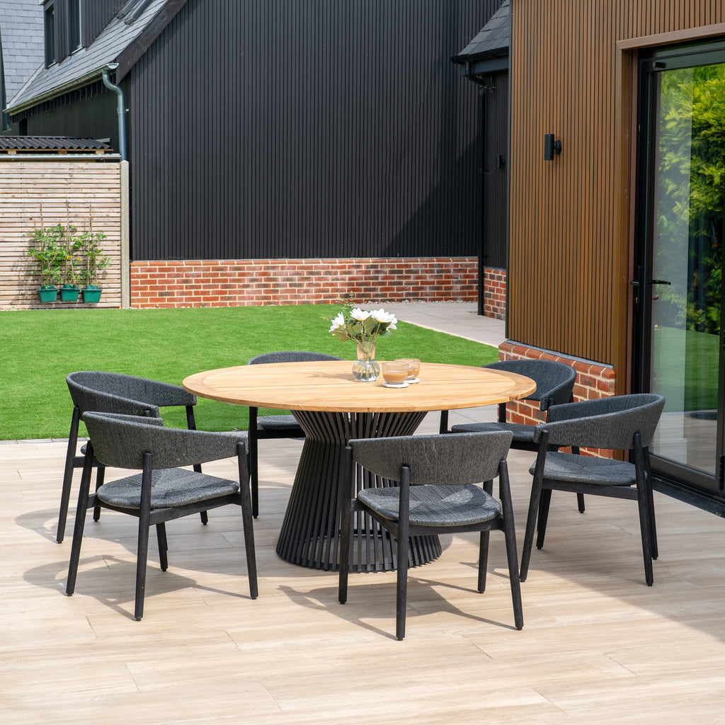 Lucca 6 Seat Dining Set with Teak Round Table in Black
