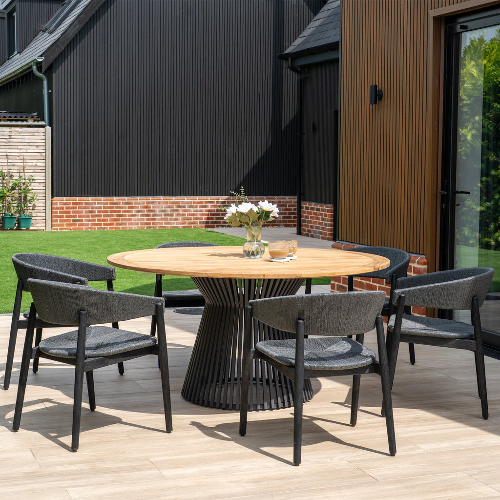 Lucca 6 Seat Dining Set with Teak Round Table in Black