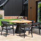 Lucca 6 Seat Dining Set with Teak Round Table in Black