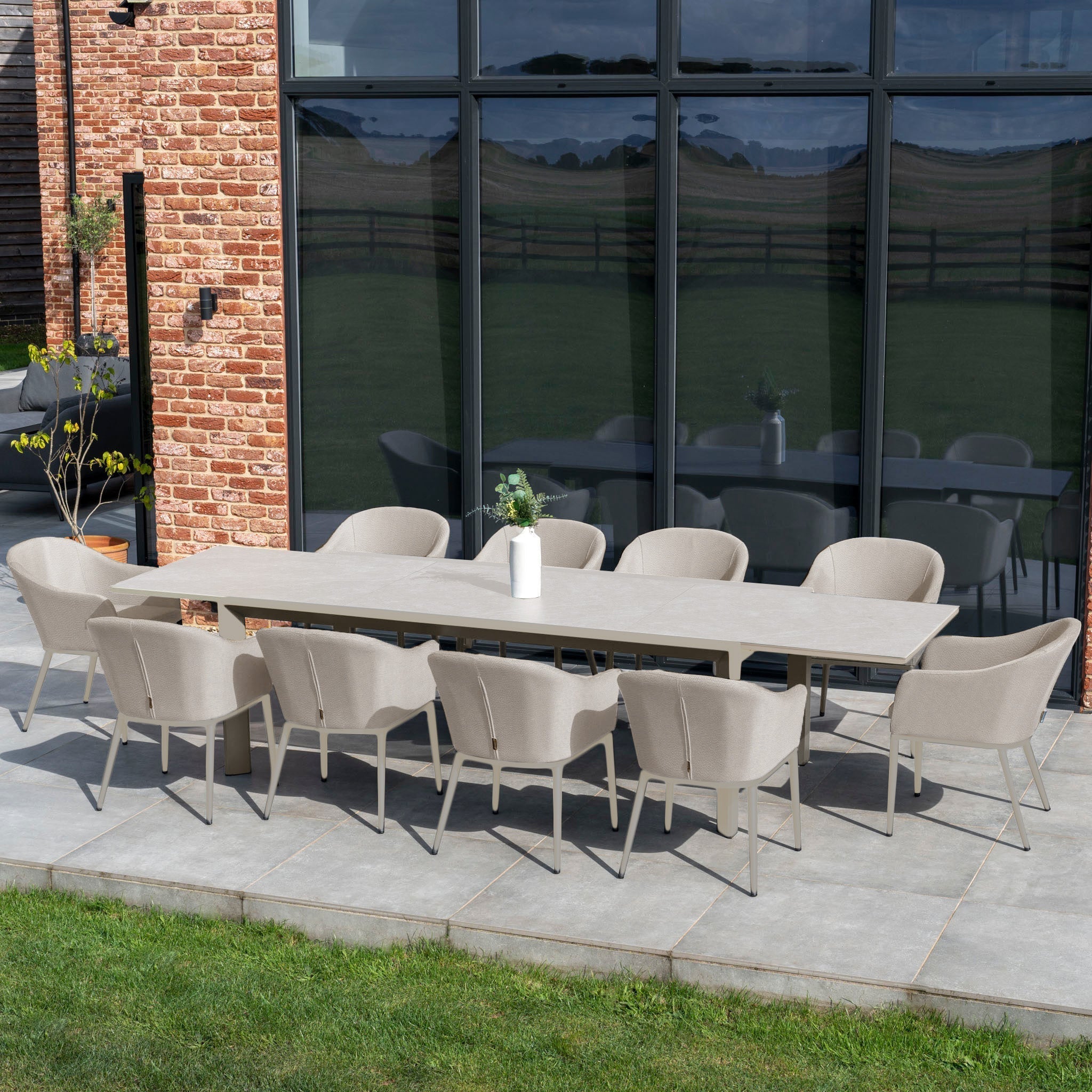 Luna 10 Seat Outdoor Fabric Extending Ceramic Dining Set in Fawn
