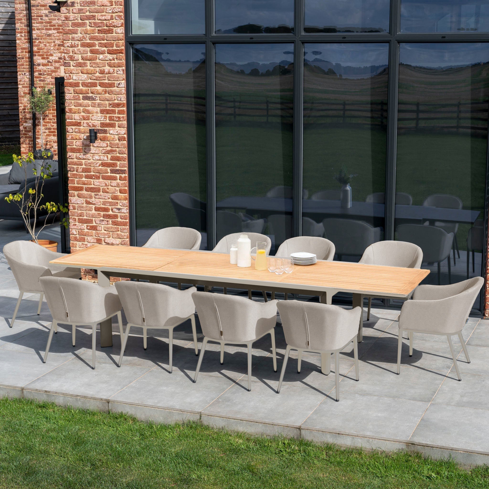 Luna 10 Seat Outdoor Fabric Extending Teak Dining Set in Fawn