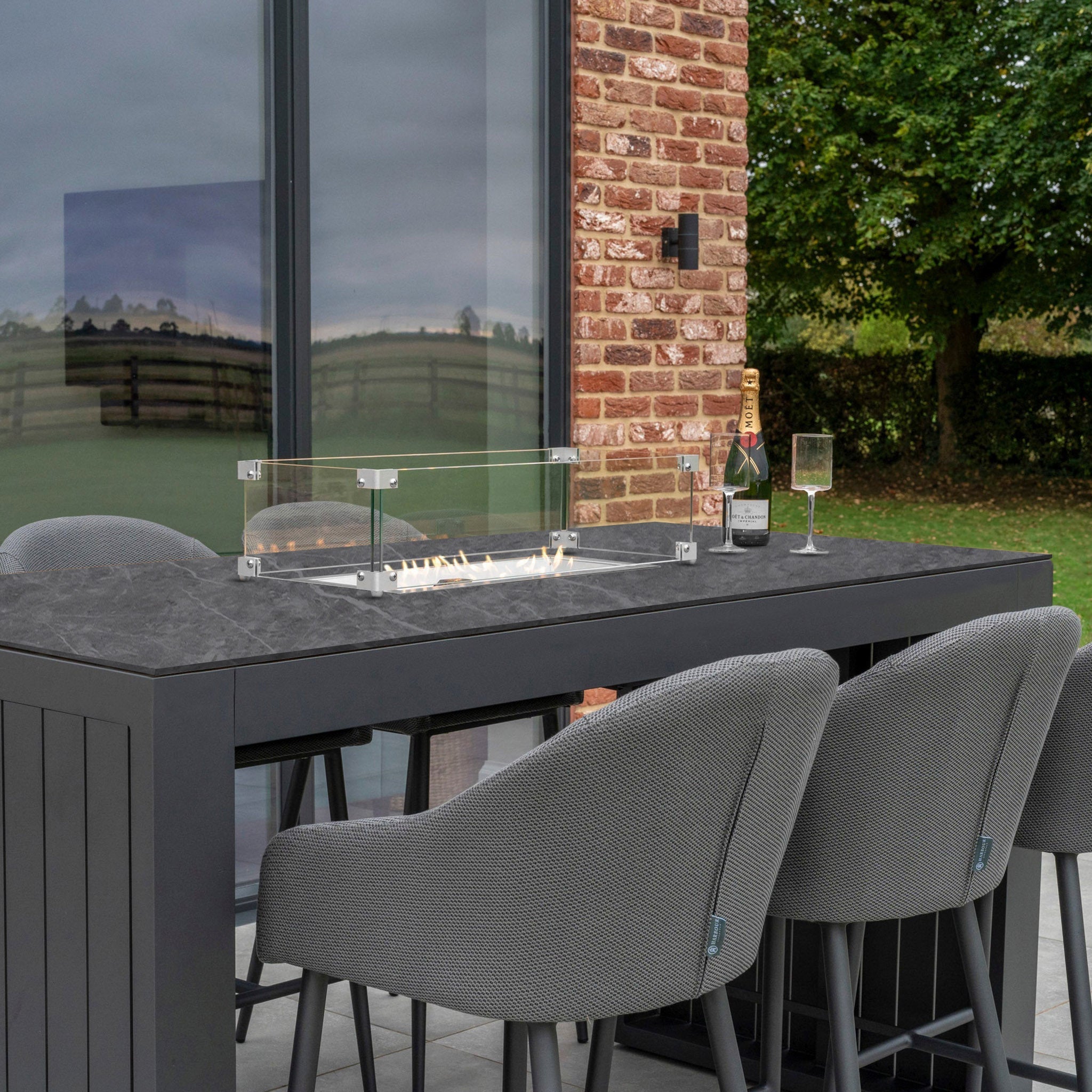 Luna 6 Seat Outdoor Fabric Ceramic Firepit Bar Set in Grey
