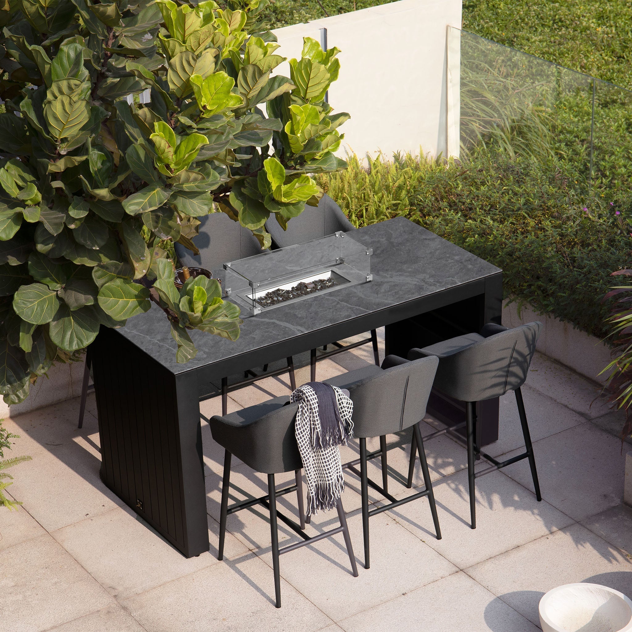 Luna 6 Seat Outdoor Fabric Ceramic Firepit Bar Set in Grey