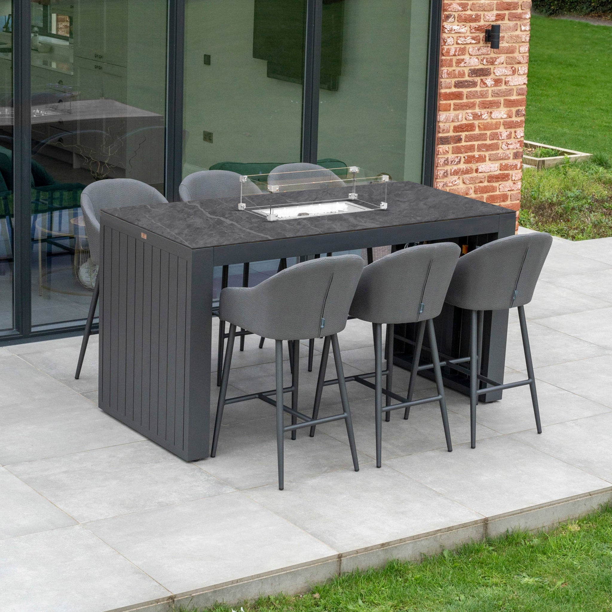 Luna 6 Seat Outdoor Fabric Ceramic Firepit Bar Set in Grey