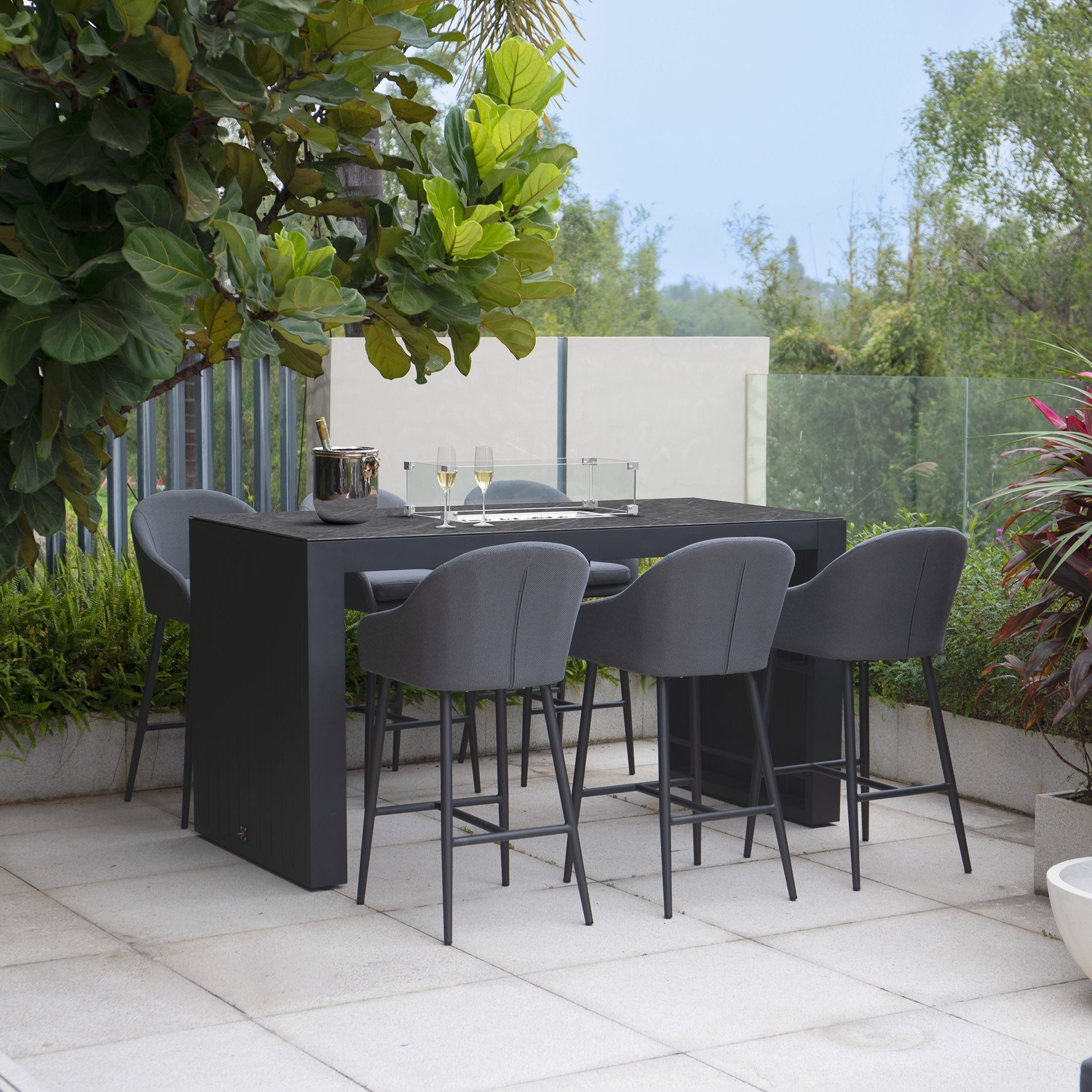 Luna 6 Seat Outdoor Fabric Ceramic Firepit Bar Set in Grey