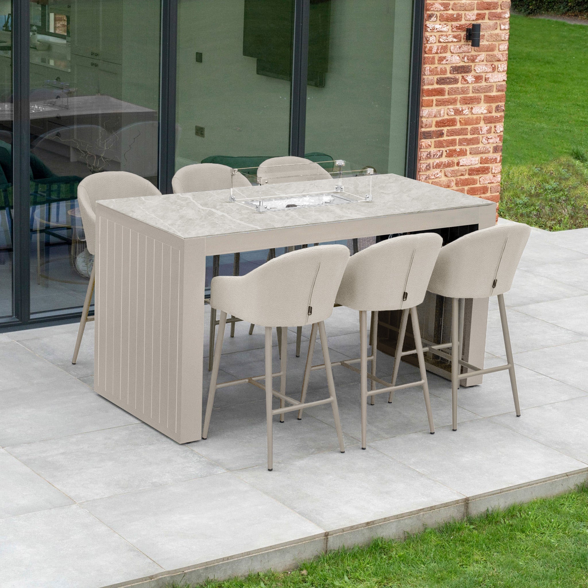 Luna 6 Seat Outdoor Fabric Ceramic Firepit Bar Set in Fawn