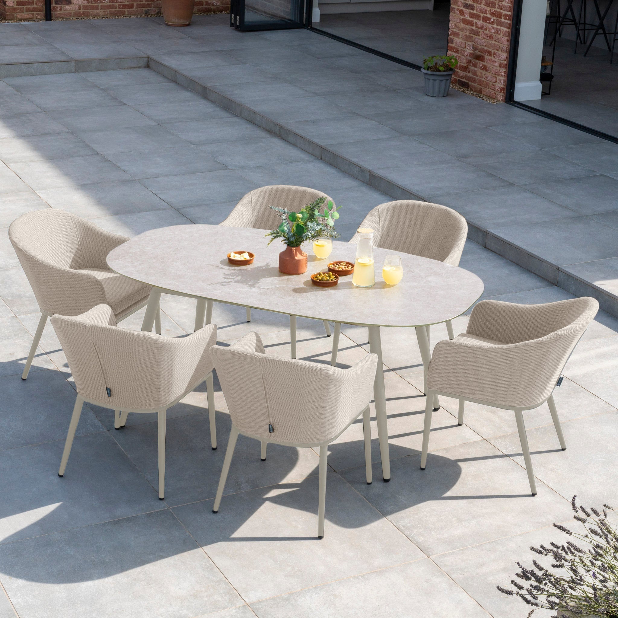 Luna 6 Seat Outdoor Fabric Oval Ceramic Dining Set in Fawn