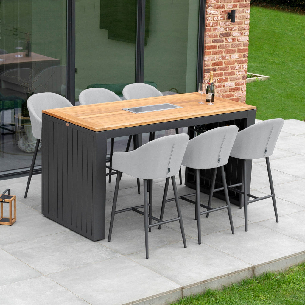 Luna 6 Seat Outdoor Fabric Teak Firepit Bar Set in Oyster Grey