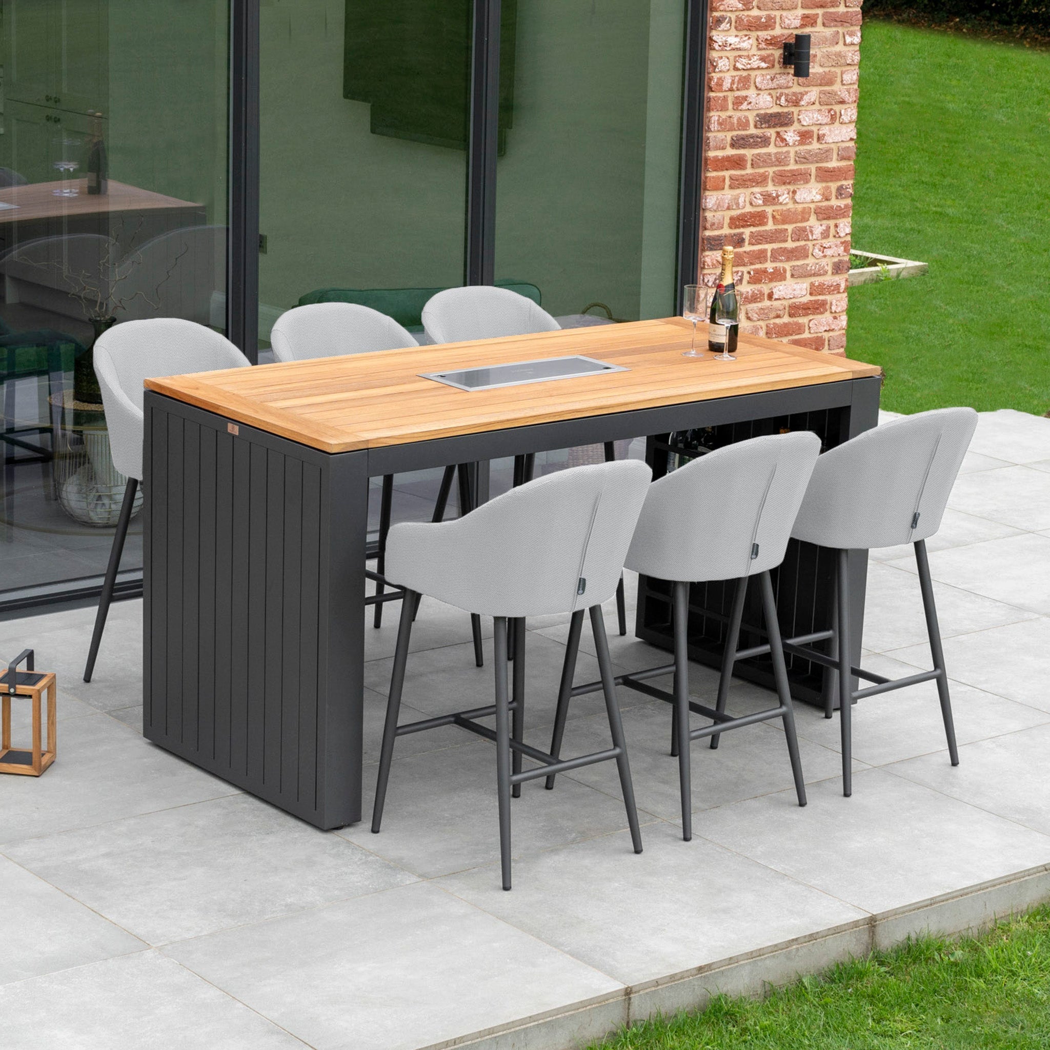 Luna 6 Seat Outdoor Fabric Teak Firepit Bar Set in Oyster Grey