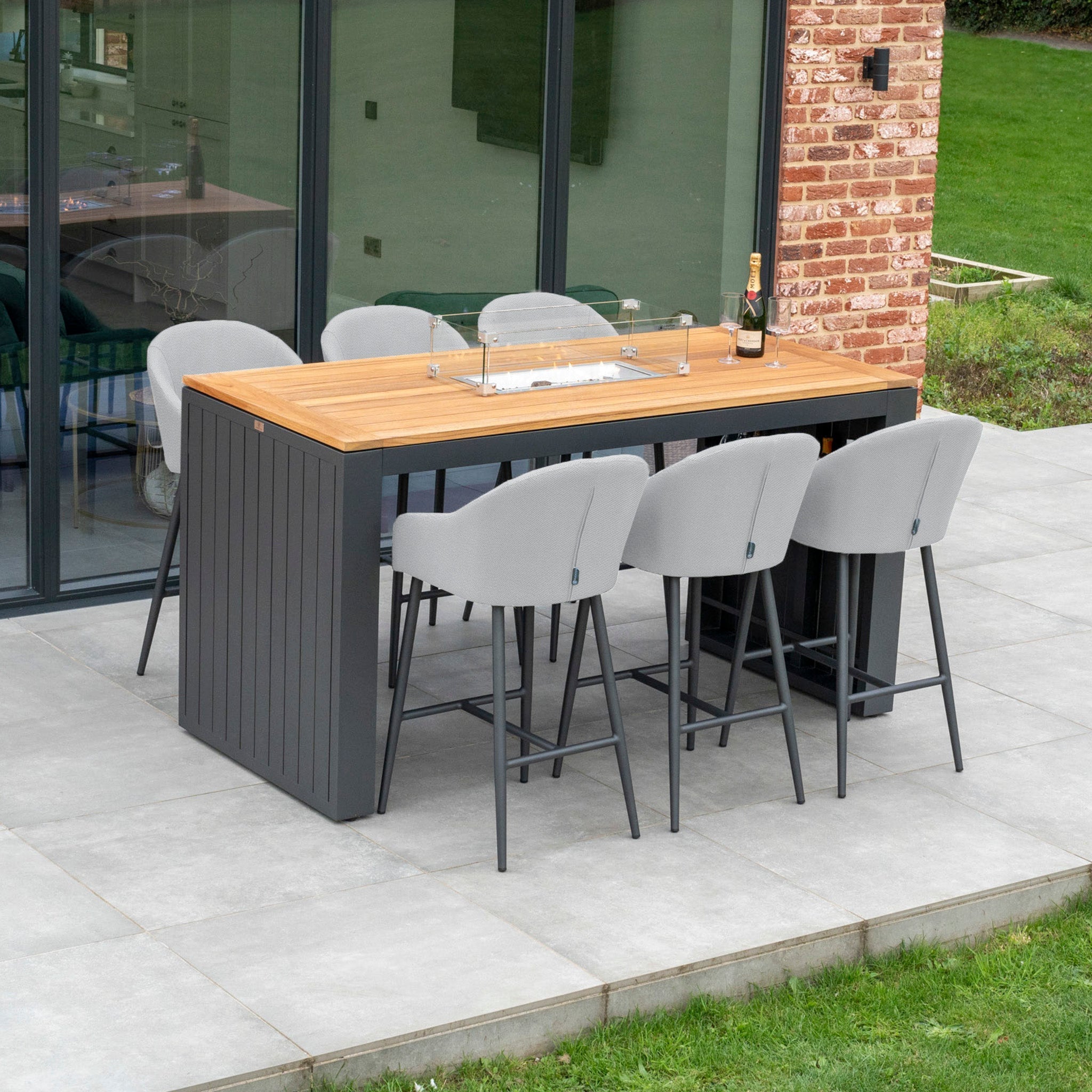 Luna 6 Seat Outdoor Fabric Teak Firepit Bar Set in Oyster Grey