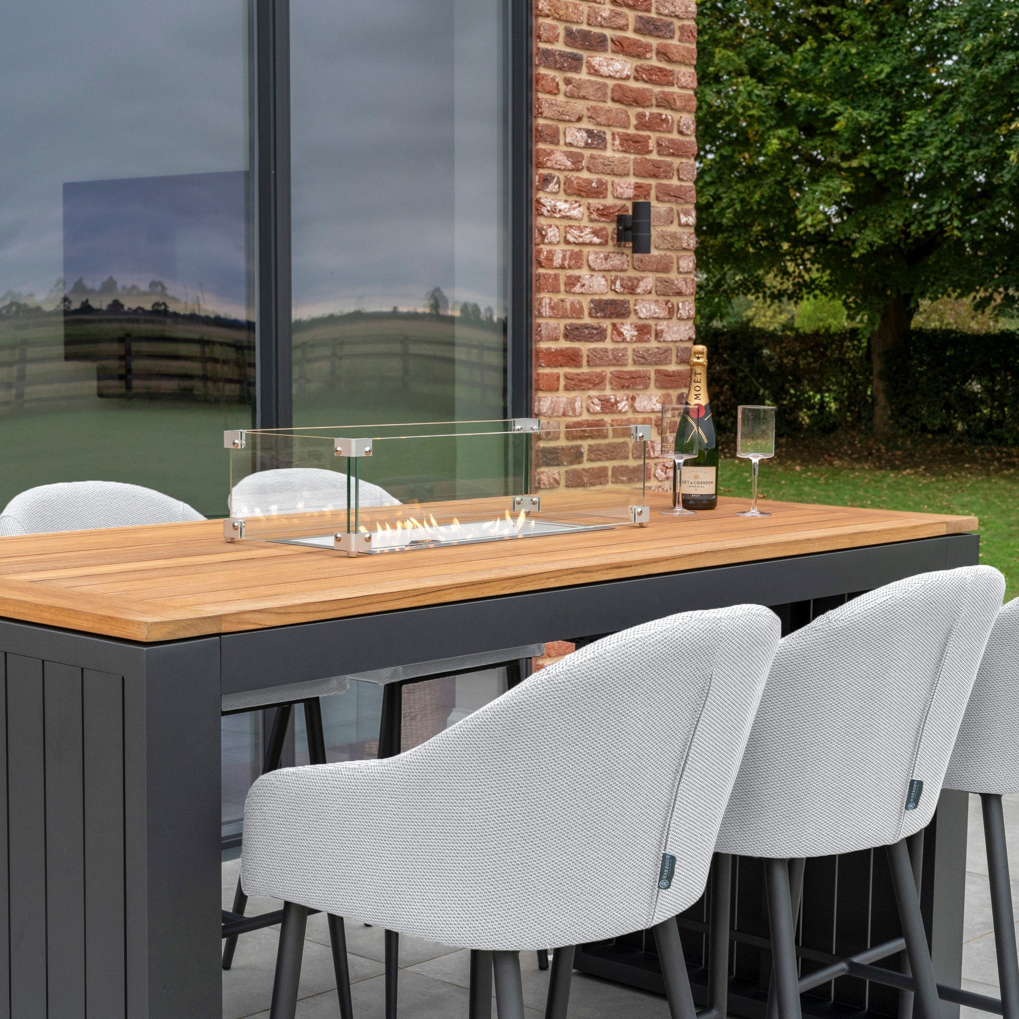 Luna 6 Seat Outdoor Fabric Teak Firepit Bar Set in Oyster Grey