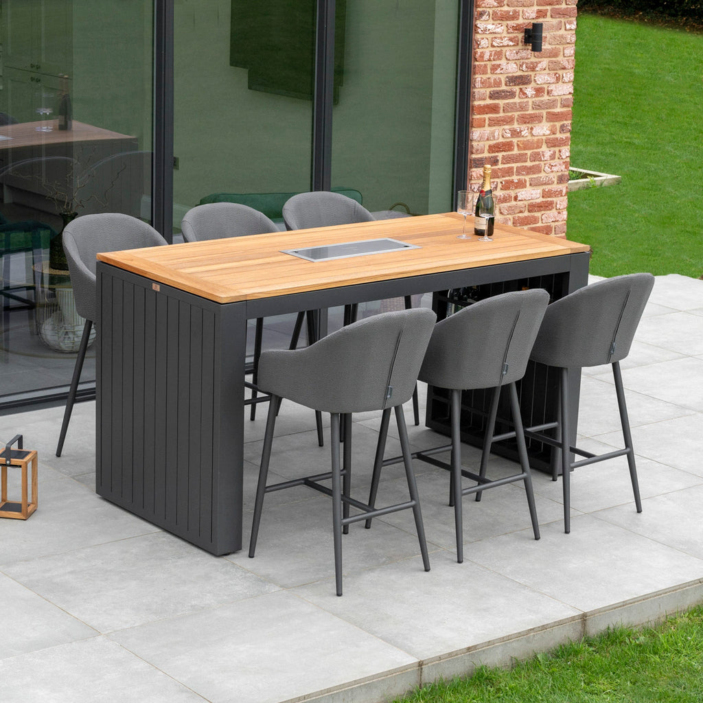 Luna 6 Seat Outdoor Fabric Teak Firepit Bar Set in Grey