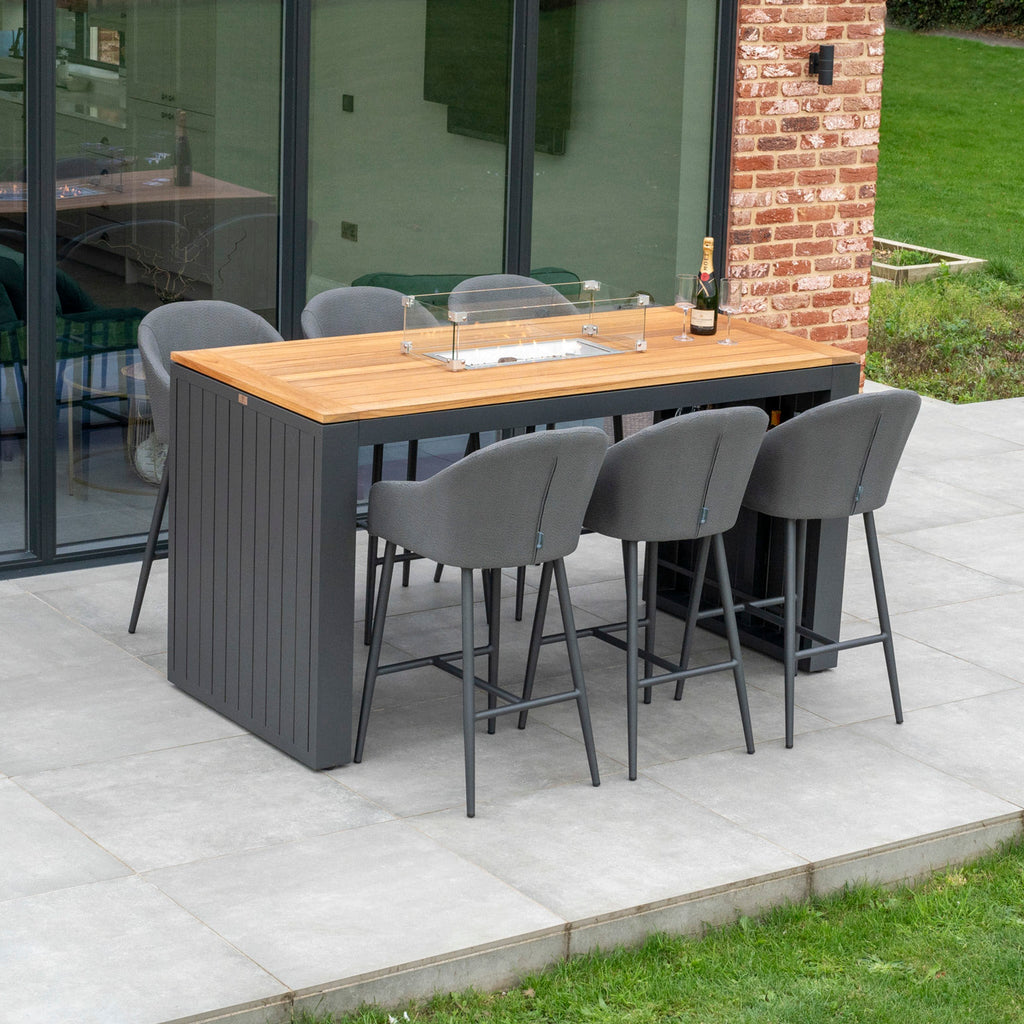 Luna 6 Seat Outdoor Fabric Teak Firepit Bar Set in Grey