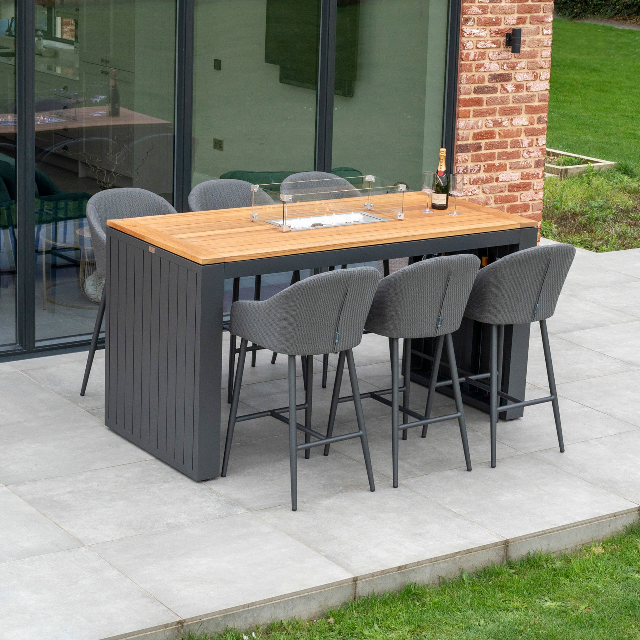 Luna 6 Seat Outdoor Fabric Teak Firepit Bar Set in Grey