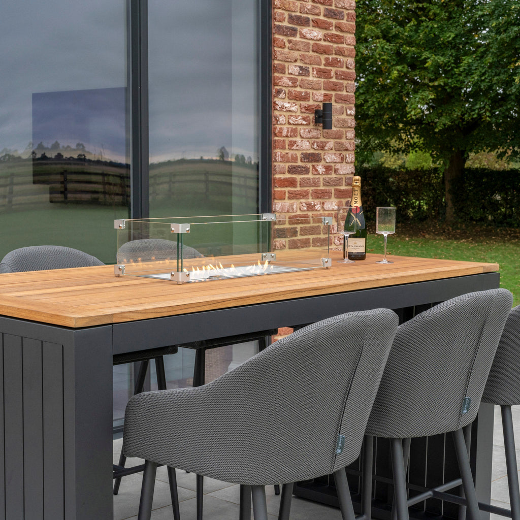 Luna 6 Seat Outdoor Fabric Teak Firepit Bar Set in Grey