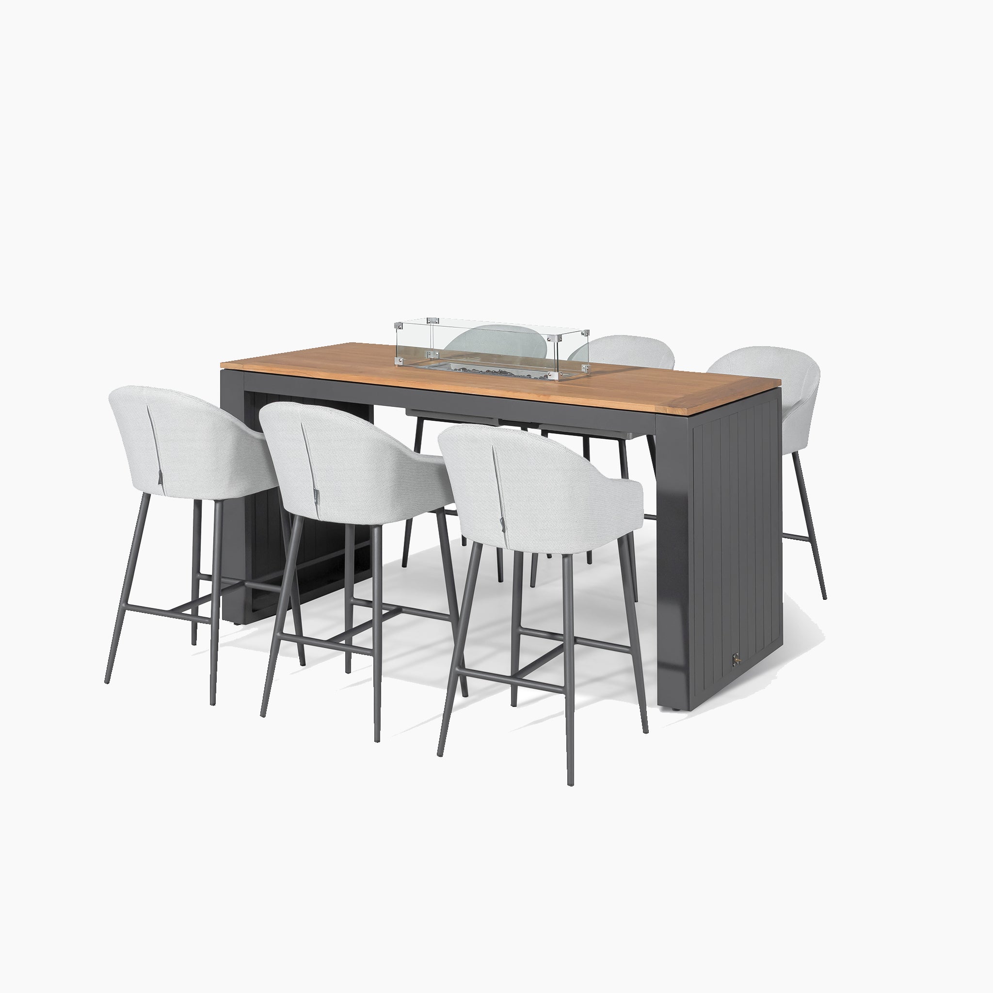 Luna 6 Seat Outdoor Fabric Teak Firepit Bar Set in Oyster Grey