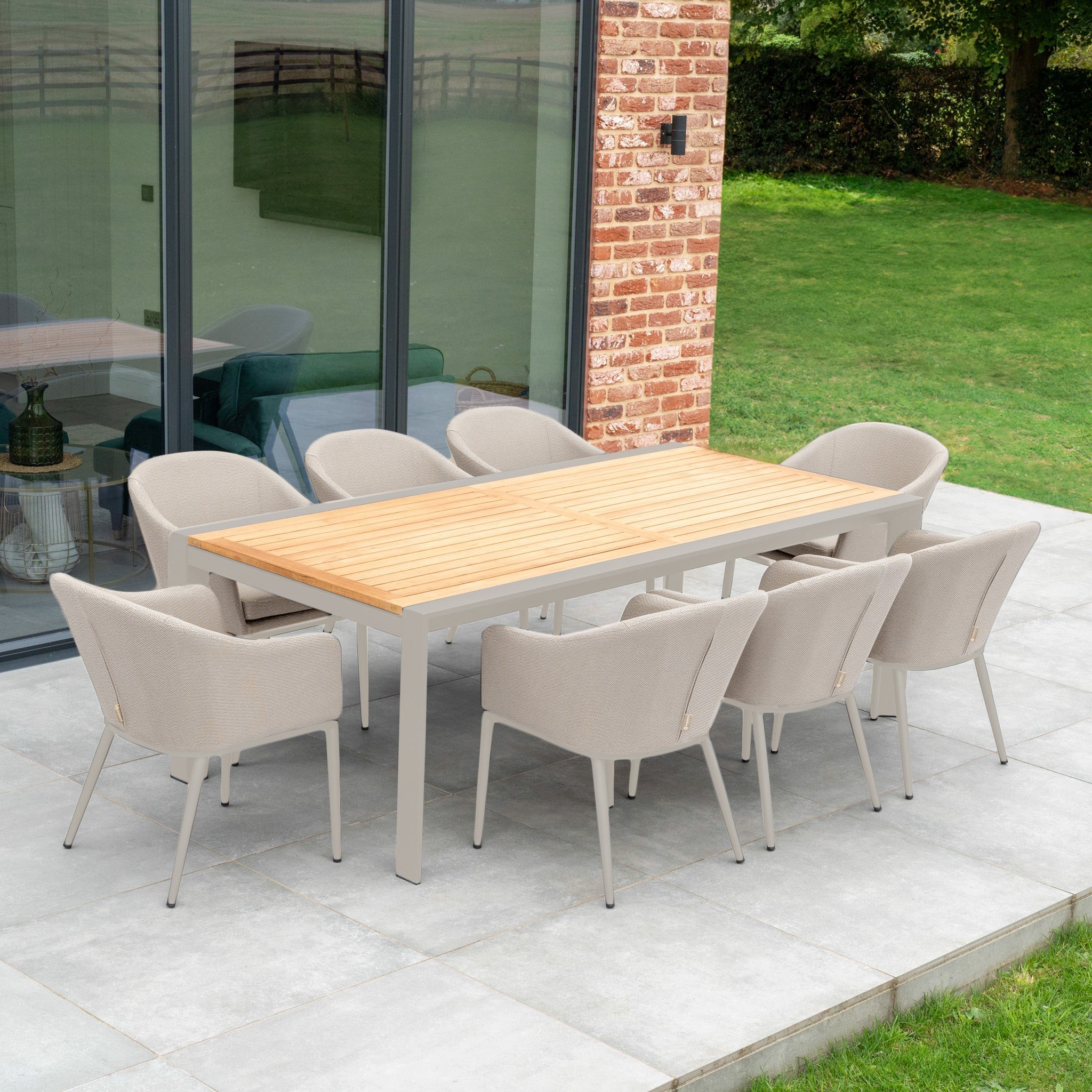 Luna 8 Seat Outdoor Fabric Extending Teak Dining Set in Fawn