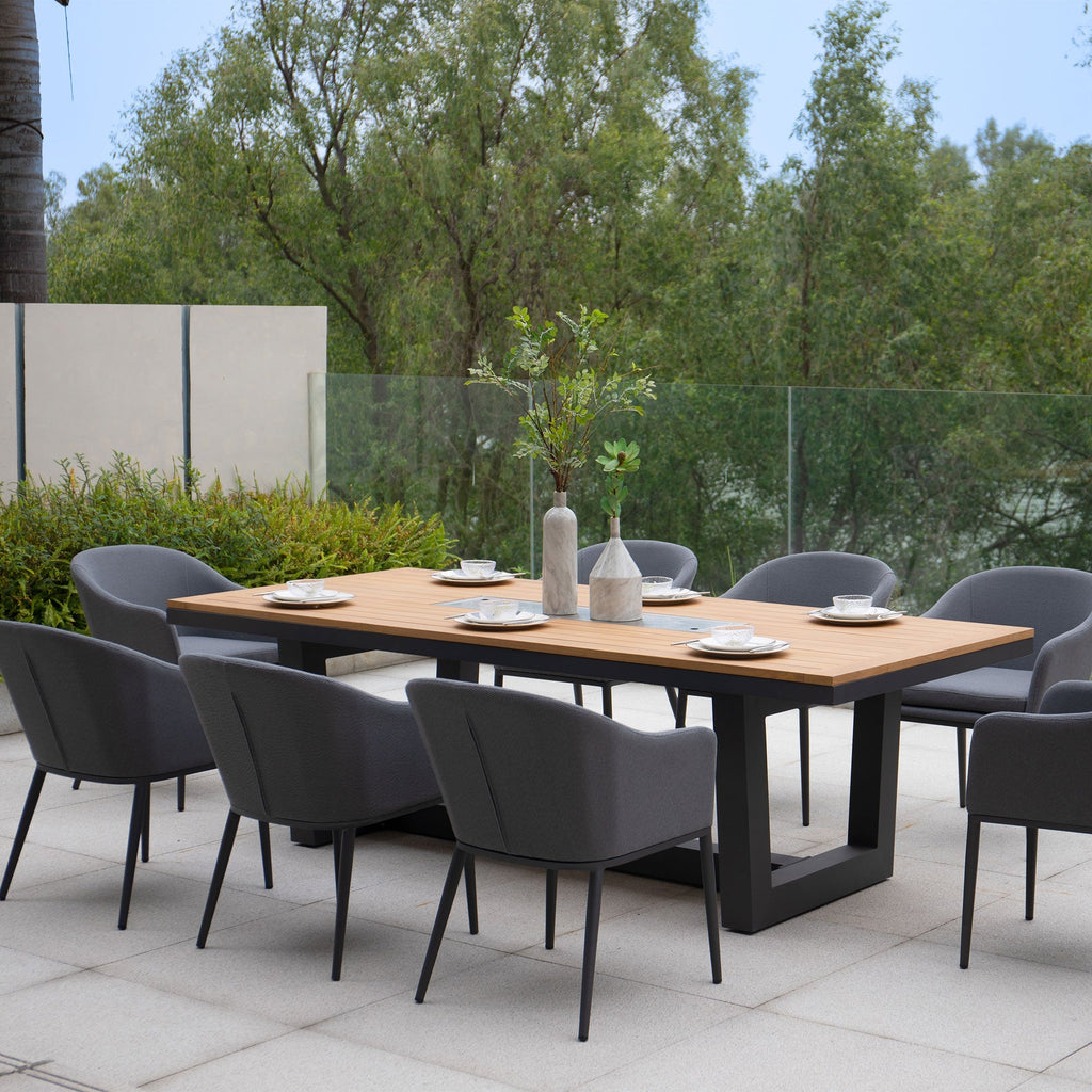 Luna 8 Seat Outdoor Fabric Rectangular Teak Firepit Dining Set in Grey
