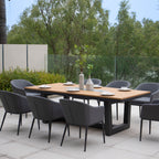 Luna 8 Seat Outdoor Fabric Rectangular Teak Firepit Dining Set in Grey