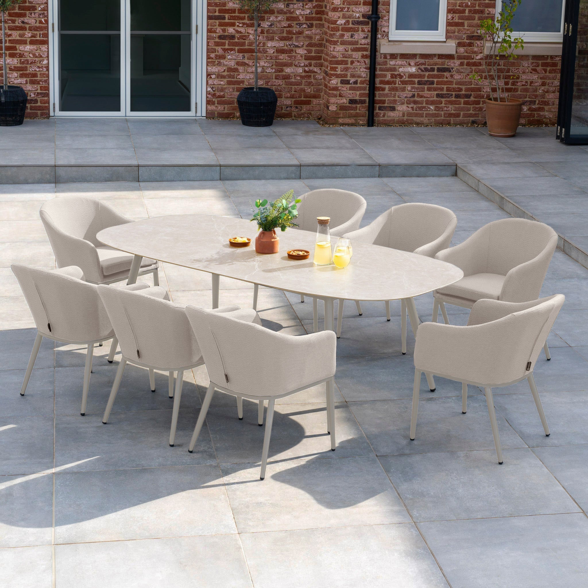 Luna 8 Seat Outdoor Fabric Oval Ceramic Dining Set in Fawn