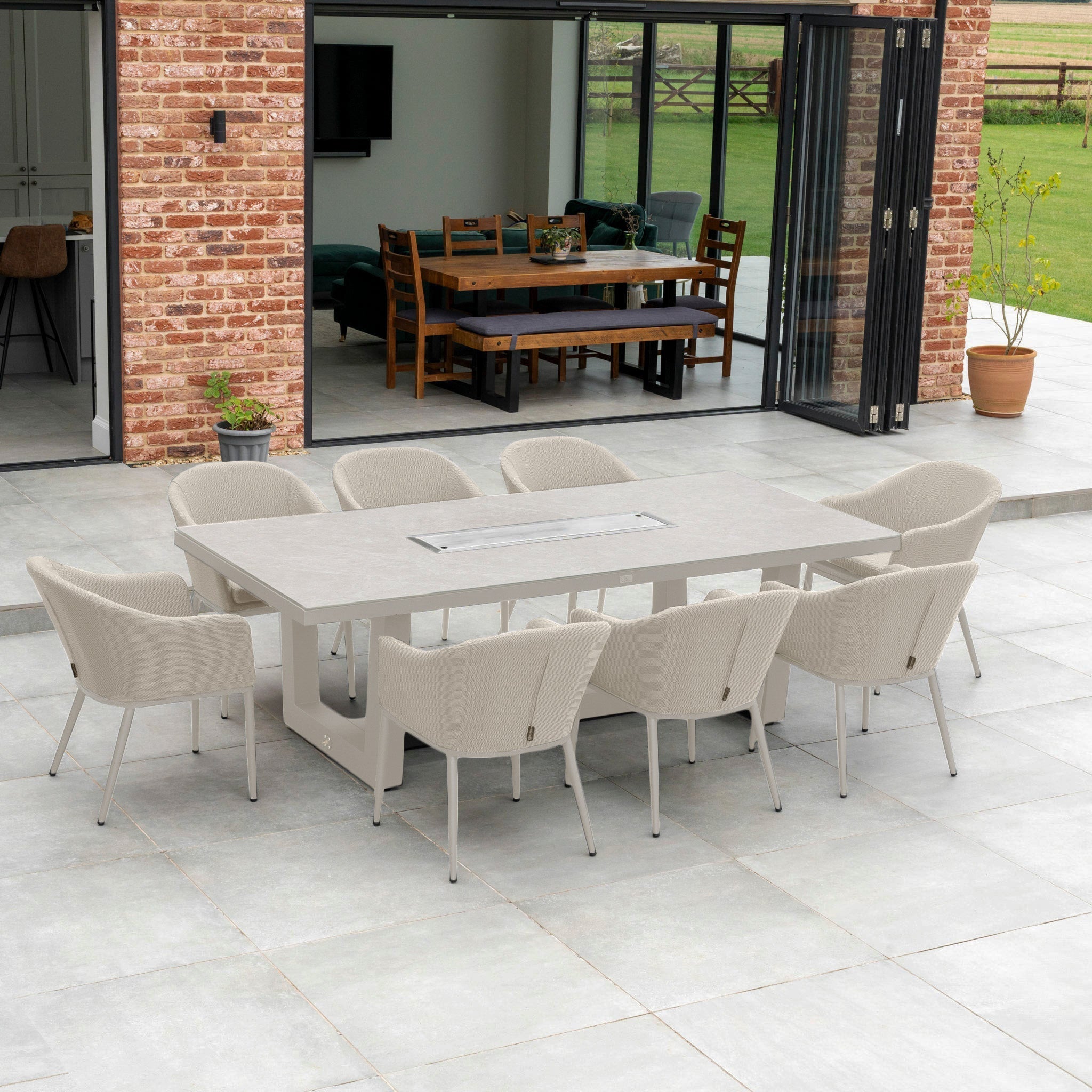 Luna 8 Seat Outdoor Fabric Rectangular Ceramic Firepit Dining Set in Fawn