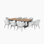Luna 8 Seat Outdoor Fabric Rectangular Teak Firepit Dining Set in Oyster Grey