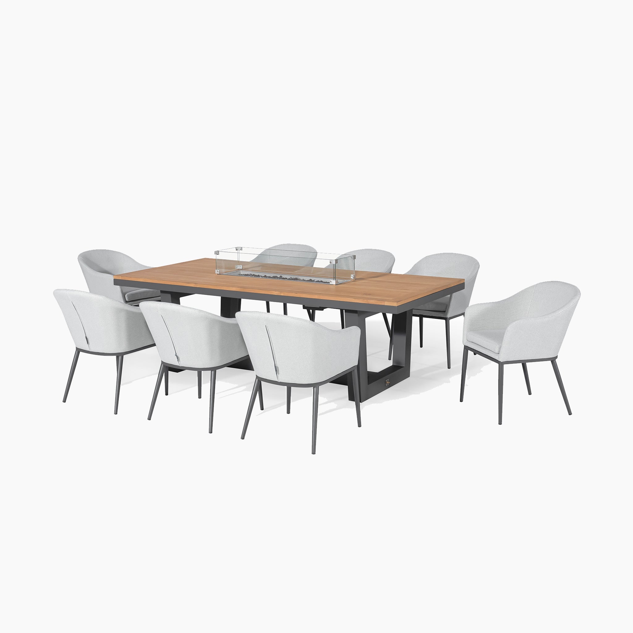 Luna 8 Seat Outdoor Fabric Rectangular Teak Firepit Dining Set in Oyster Grey