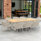 Luna 8 Seat Outdoor Fabric Rectangular Teak Firepit Dining Set in Fawn