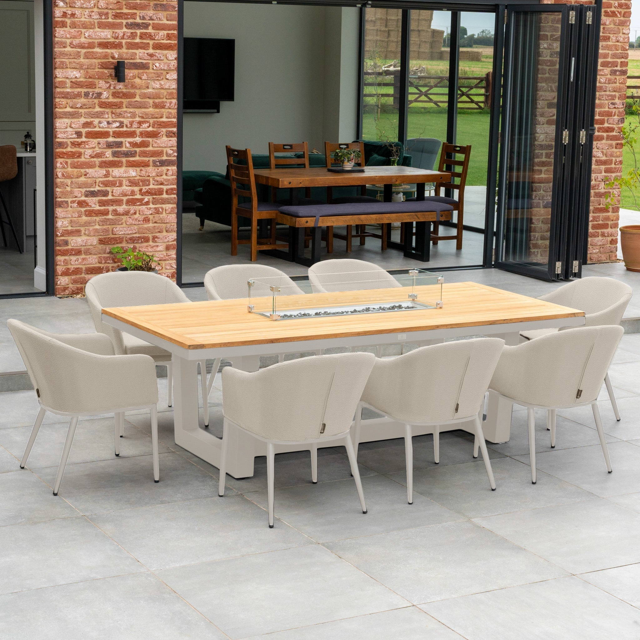Luna 8 Seat Outdoor Fabric Rectangular Teak Firepit Dining Set in Fawn