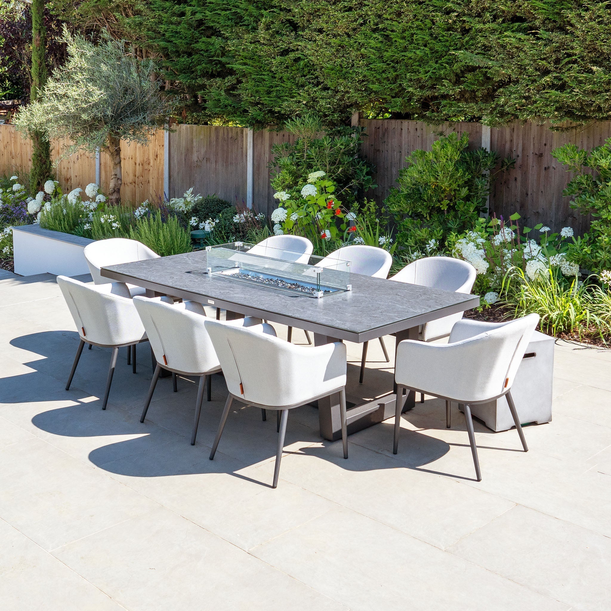 Luna 8 Seat Outdoor Fabric Rectangular Ceramic Firepit Dining Set in Oyster Grey