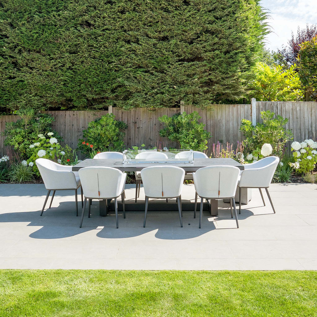 Luna 8 Seat Outdoor Fabric Rectangular Ceramic Firepit Dining Set in Oyster Grey