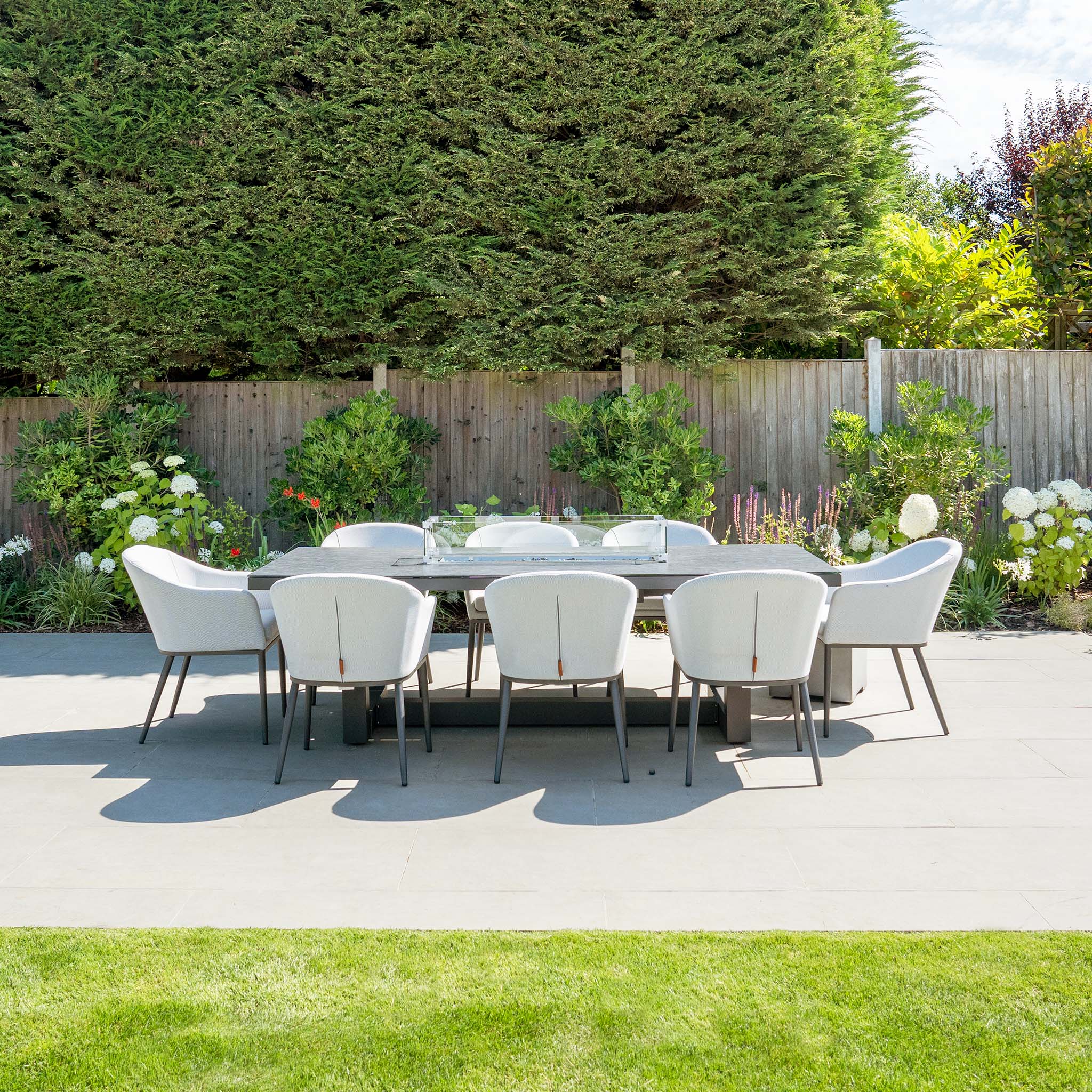 Luna 8 Seat Outdoor Fabric Rectangular Ceramic Firepit Dining Set in Oyster Grey