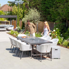 Luna 8 Seat Outdoor Fabric Rectangular Ceramic Firepit Dining Set in Oyster Grey