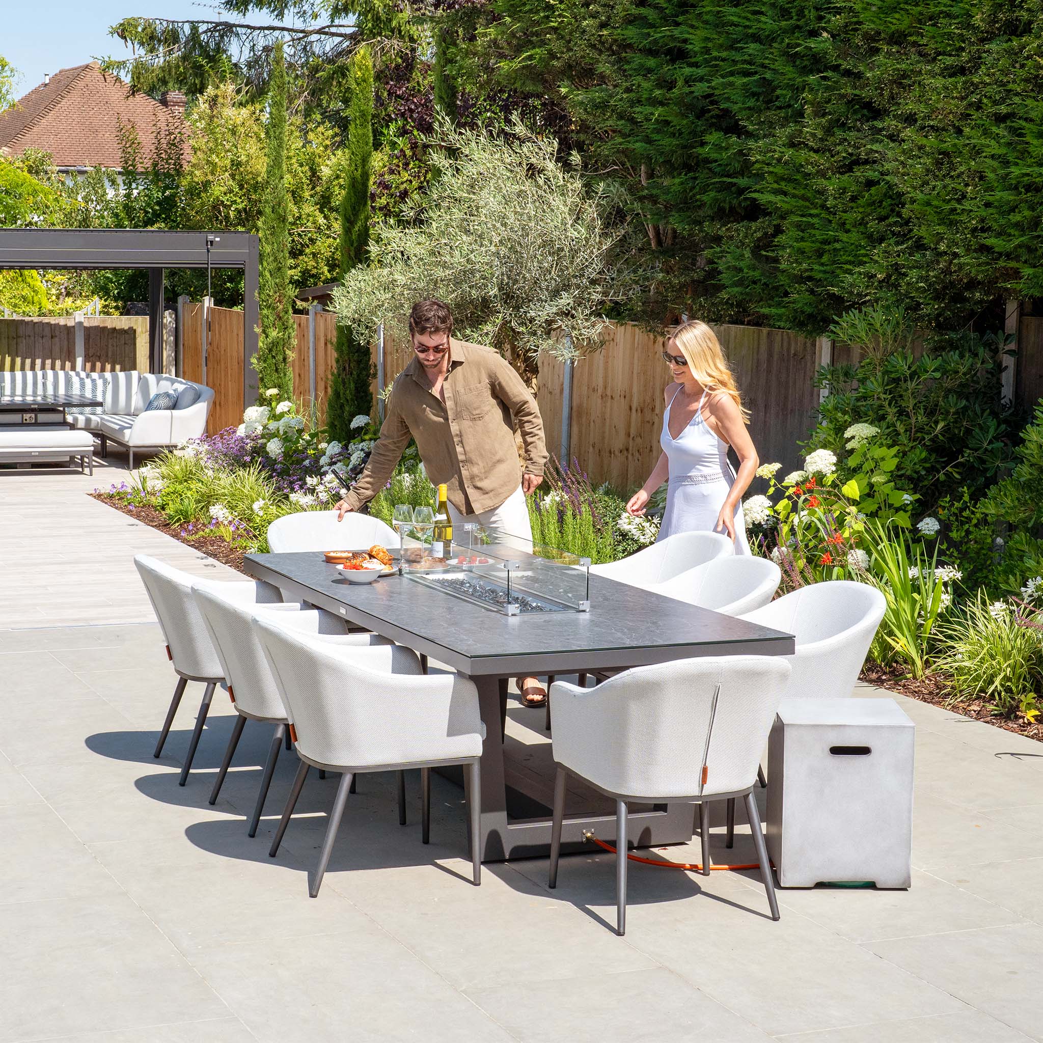 Luna 8 Seat Outdoor Fabric Rectangular Ceramic Firepit Dining Set in Oyster Grey