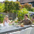 Luna 8 Seat Outdoor Fabric Rectangular Ceramic Firepit Dining Set in Oyster Grey
