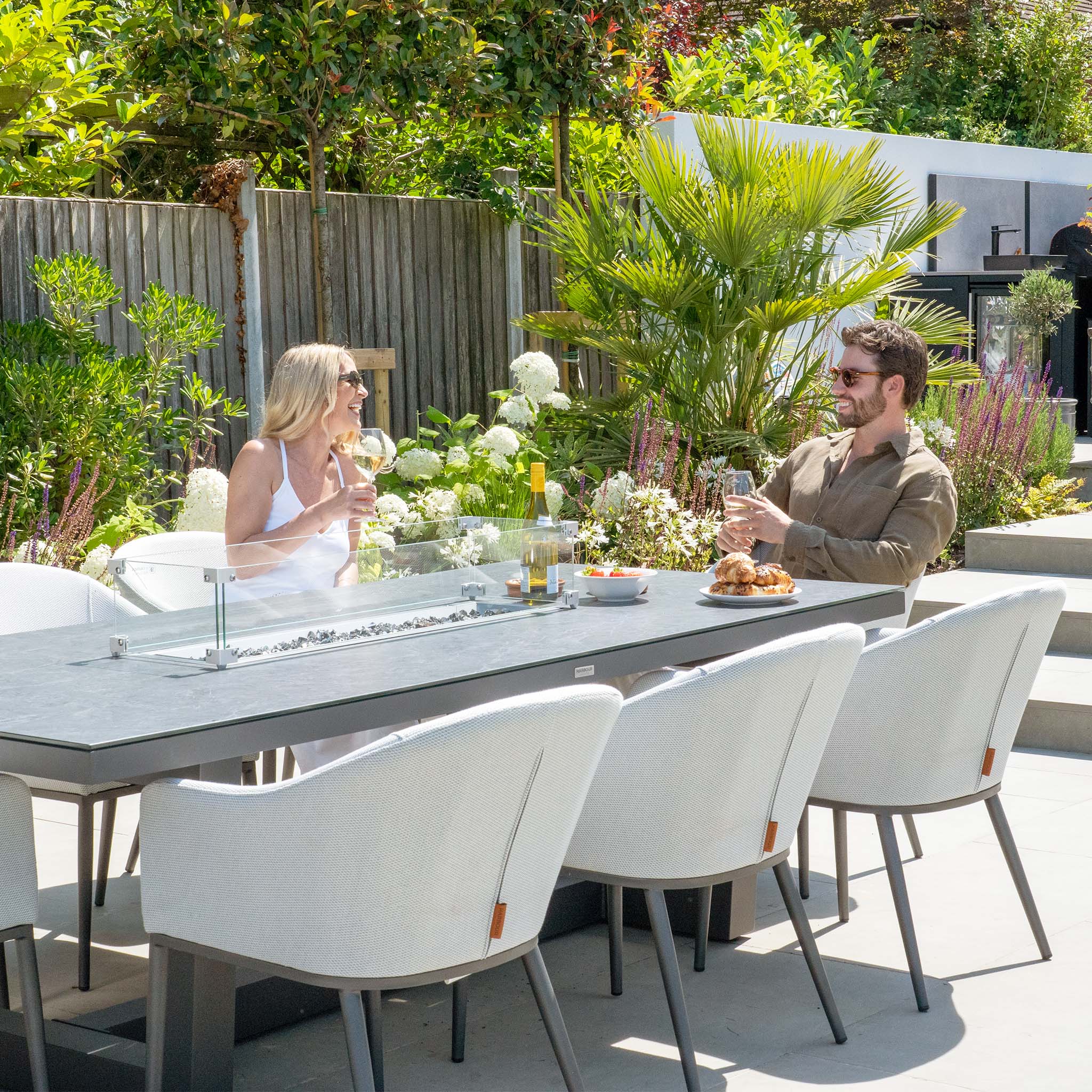 Luna 8 Seat Outdoor Fabric Rectangular Ceramic Firepit Dining Set in Oyster Grey