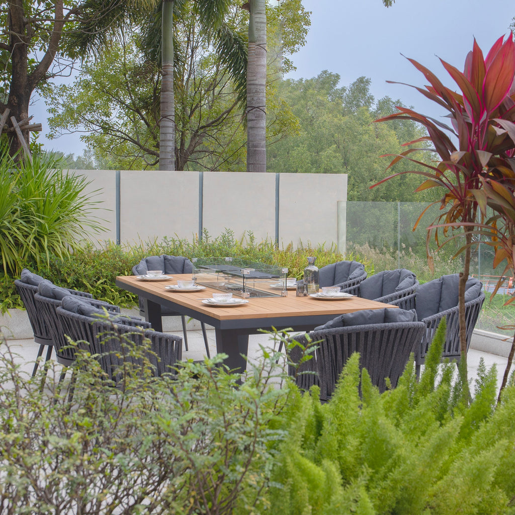 Monterrey 8 Seat Rope Rectangular Teak Firepit Dining Set in Grey