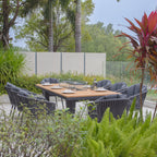 Monterrey 8 Seat Rope Rectangular Teak Firepit Dining Set in Grey