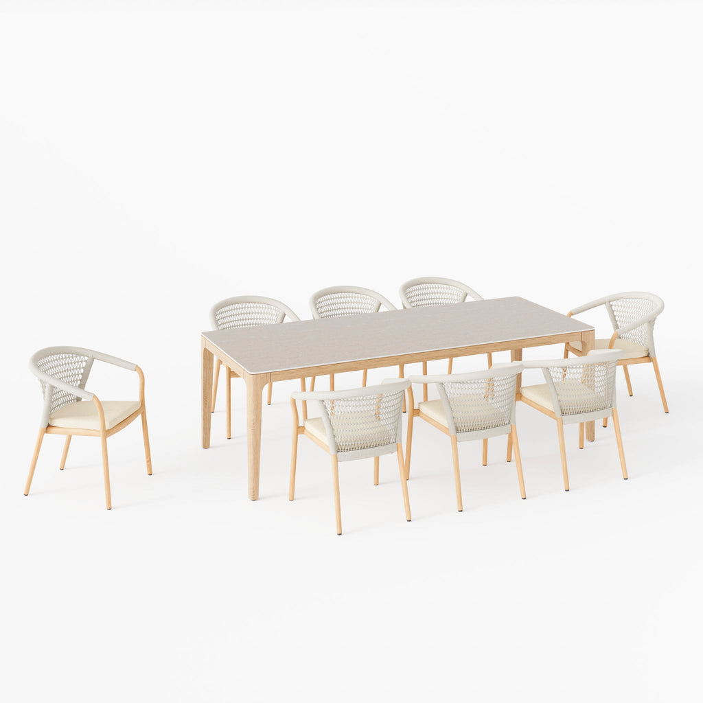 Sora 8 Seat Rope Dining Set with Ceramic Top Table in Stone