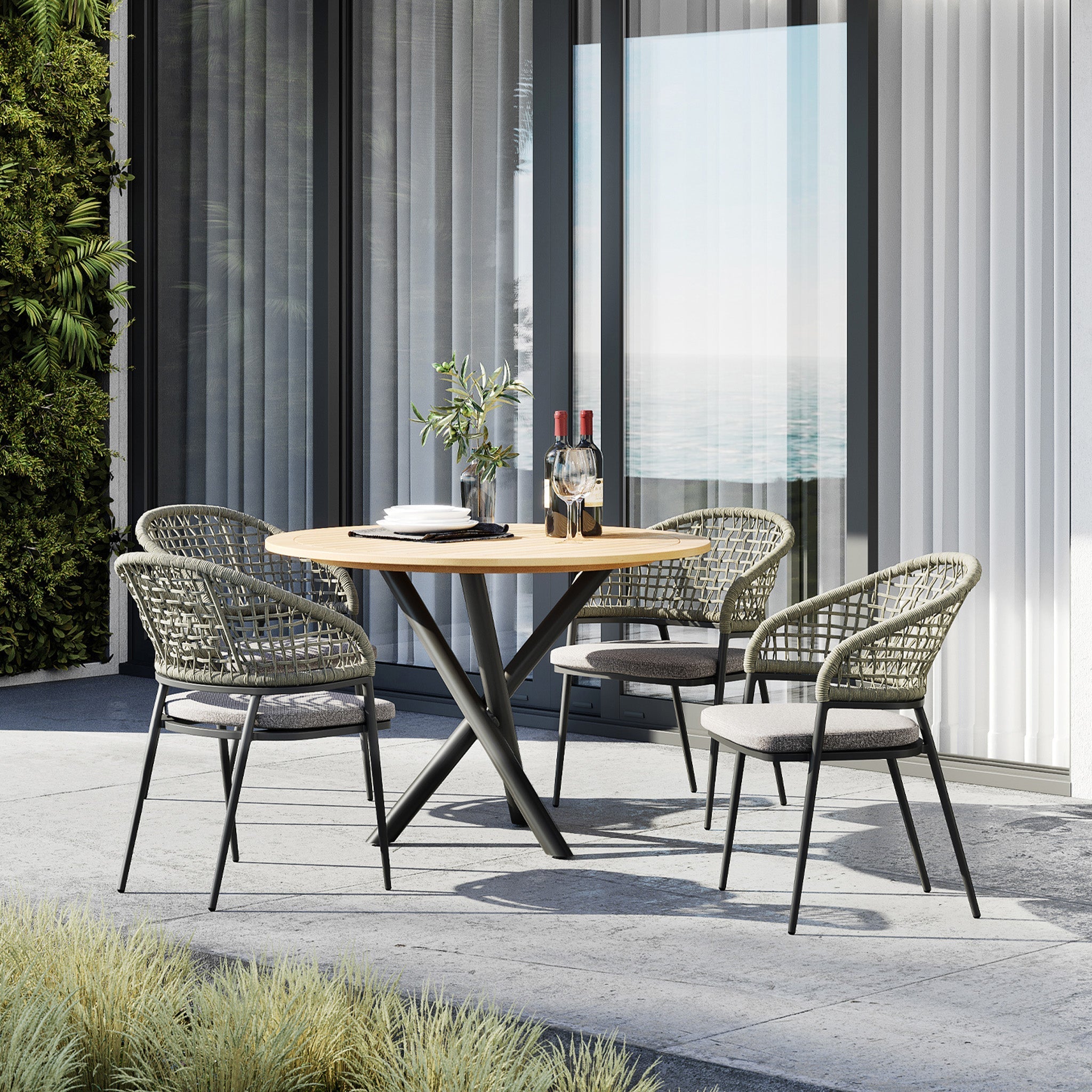 Kalama 4 Seat Round Dining Set with Teak Table in Olive Green