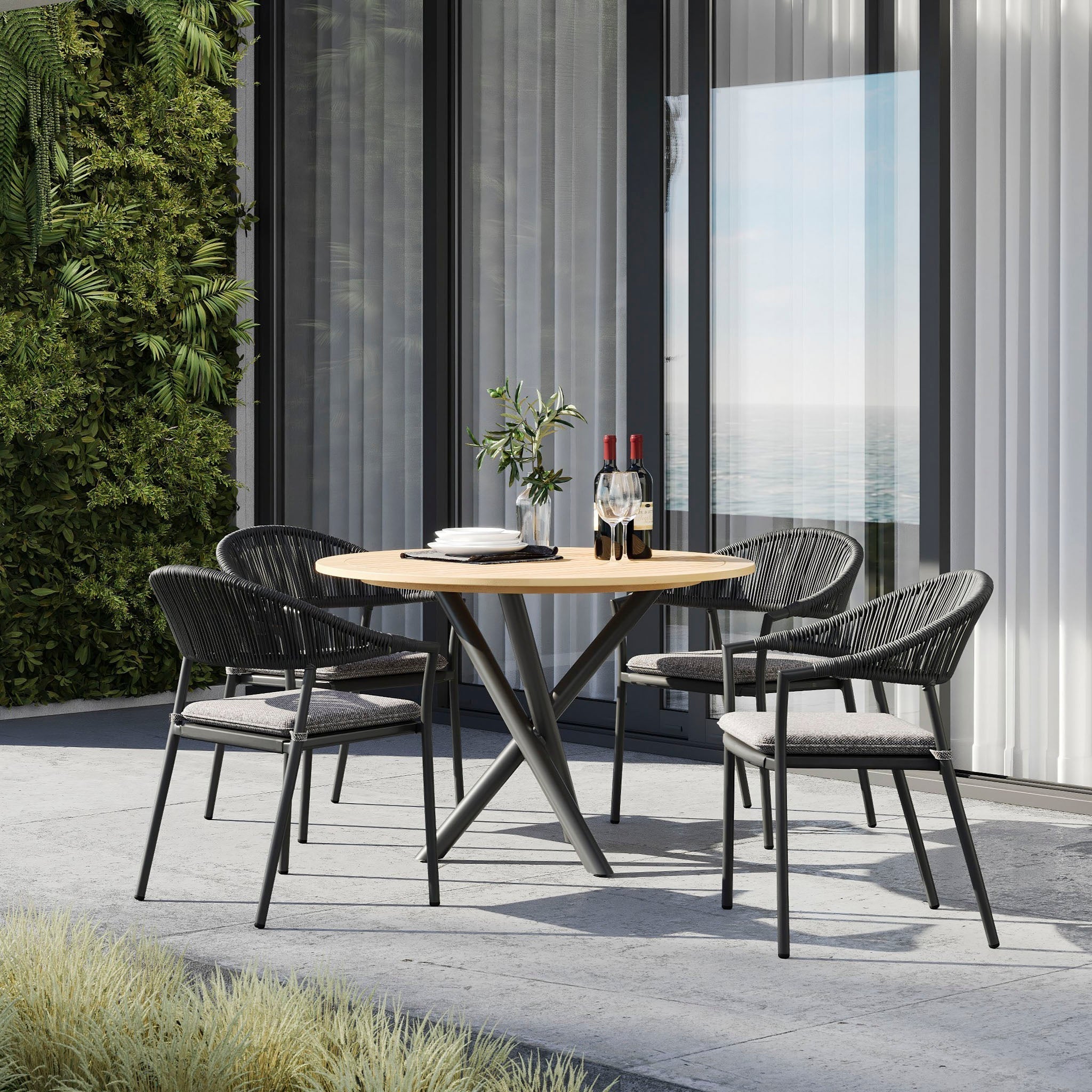 Cloverly 4 Seat Round Dining Set with Teak Table Top in Charcoal