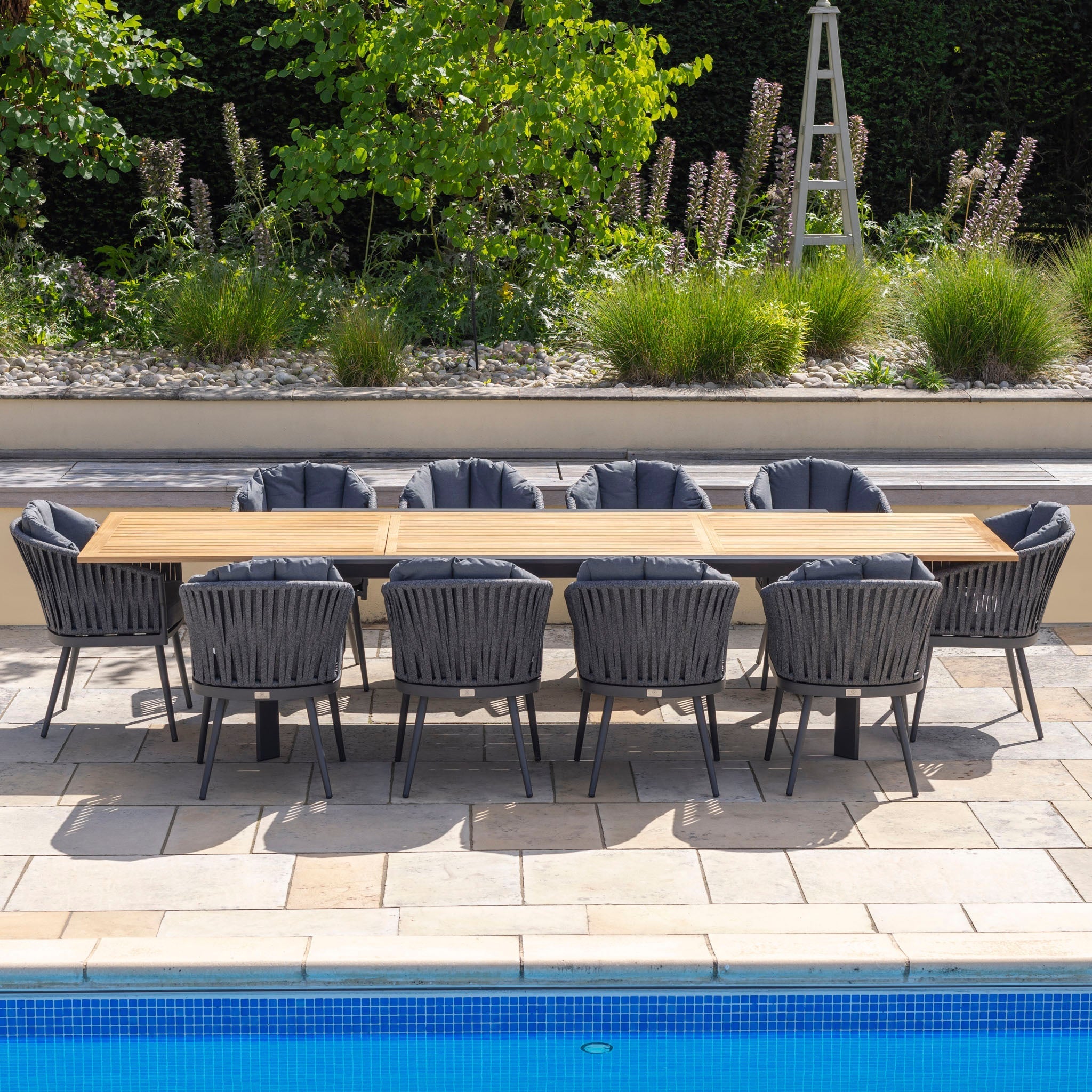 Monterrey 10 Seat Rope Extending Teak Dining Set in Grey