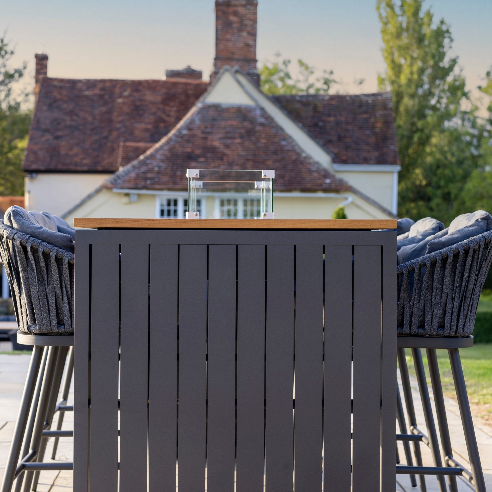Monterrey 6 Seat Rope Teak Firepit Bar Set in Grey