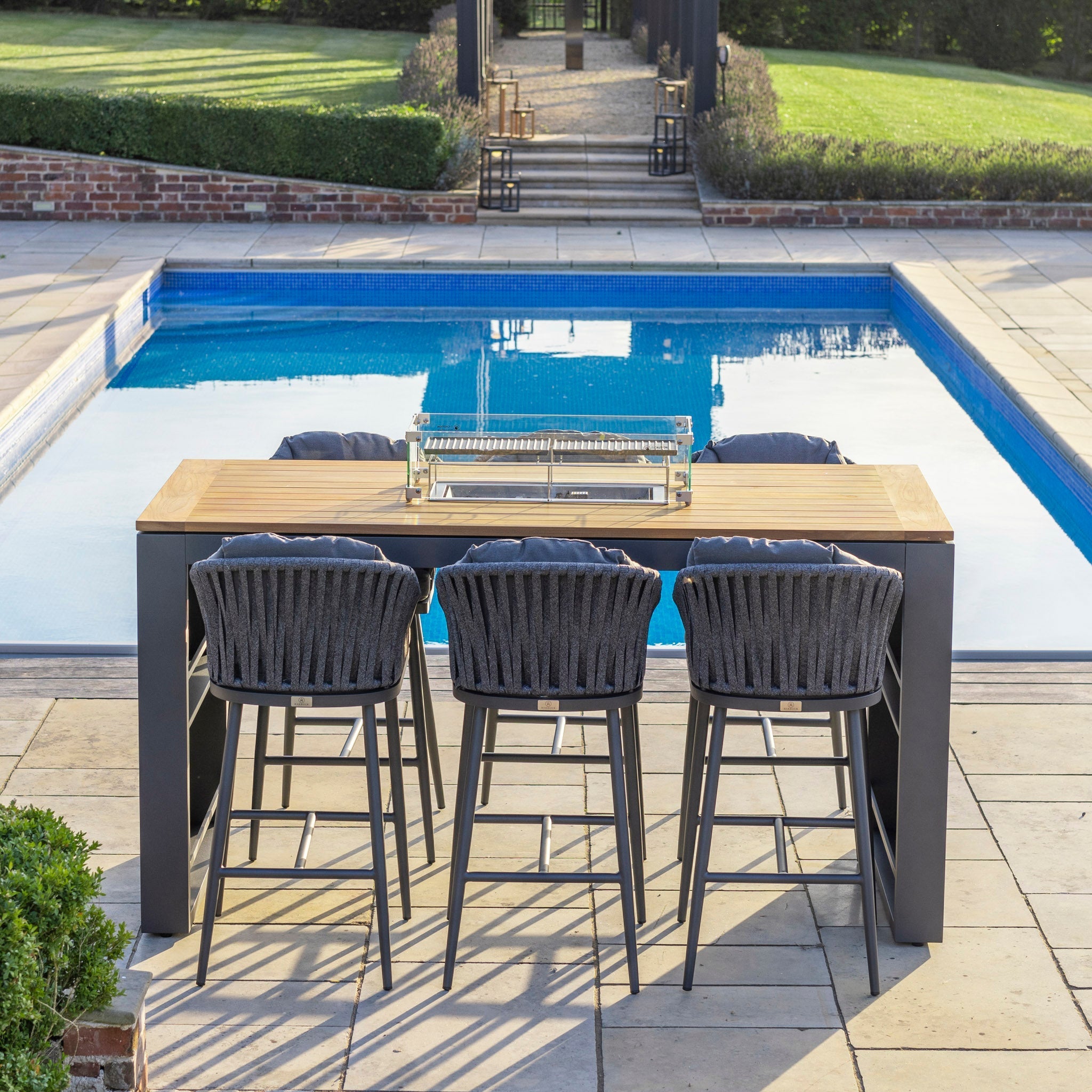 Monterrey 6 Seat Rope Teak Firepit Bar Set in Grey