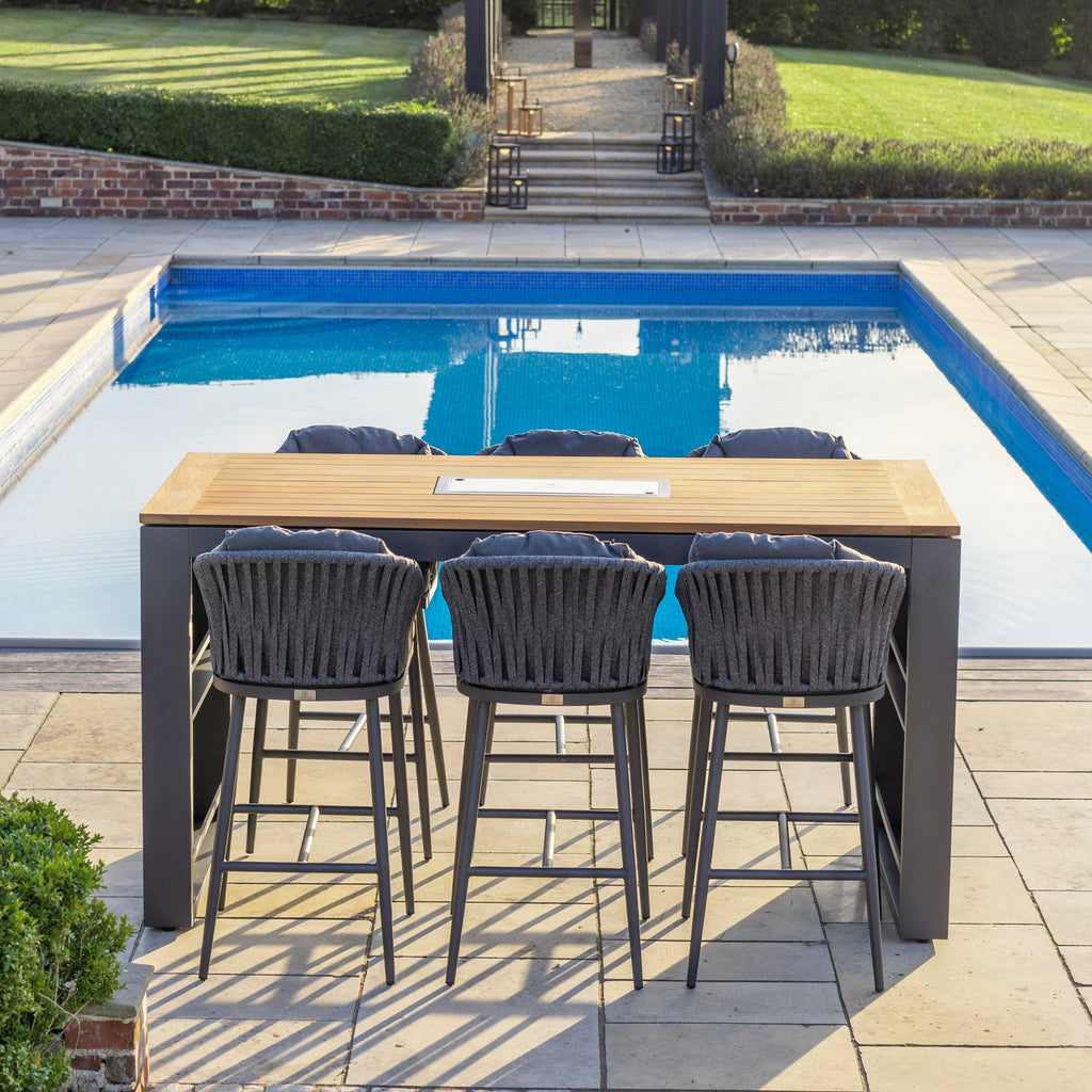Monterrey 6 Seat Rope Teak Firepit Bar Set in Grey