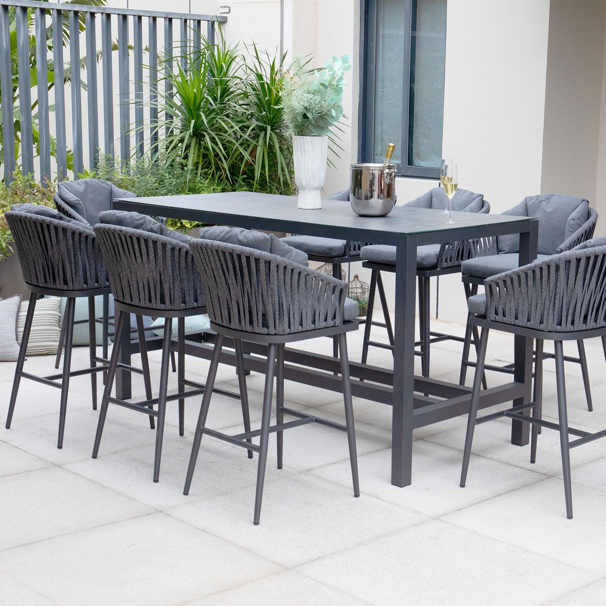 Monterrey 8 Seat Rope Bar Set with Ceramic Table in Grey
