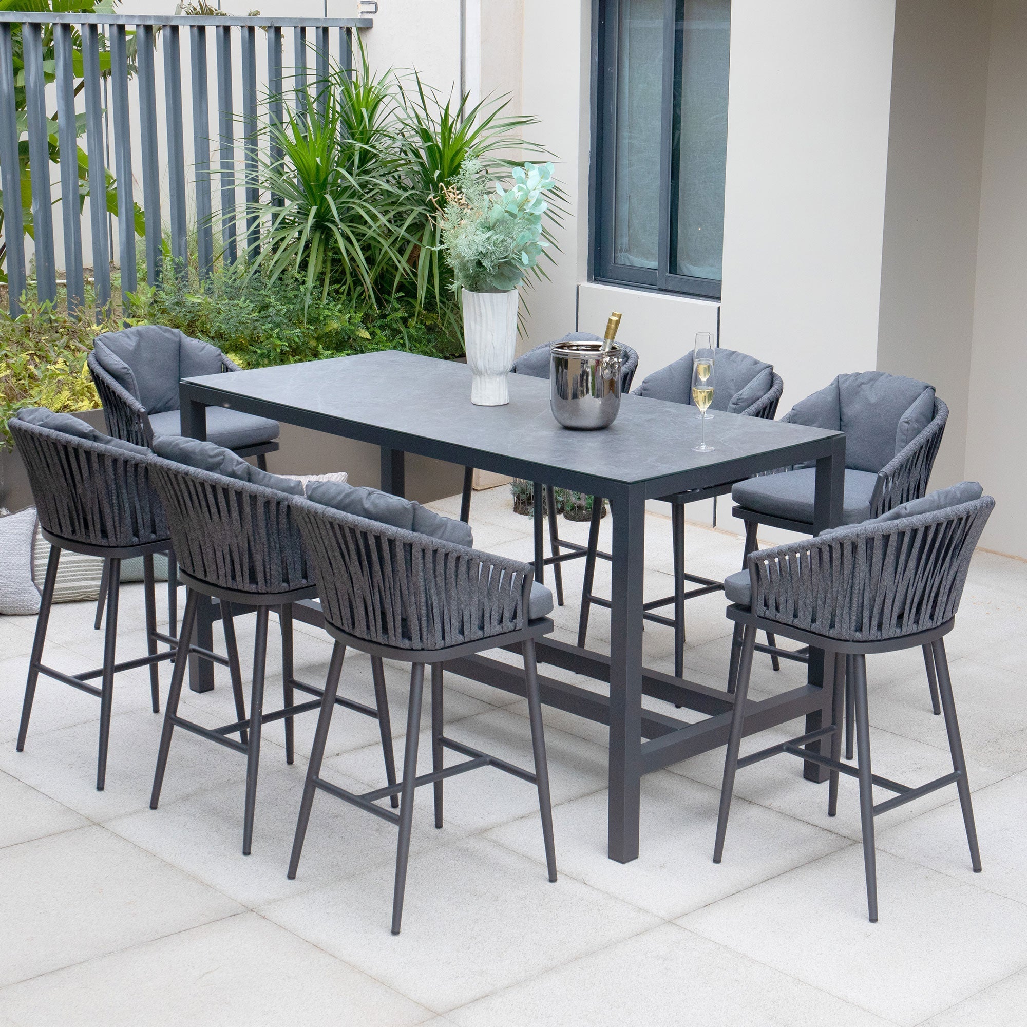 Monterrey 8 Seat Rope Bar Set with Ceramic Table in Grey